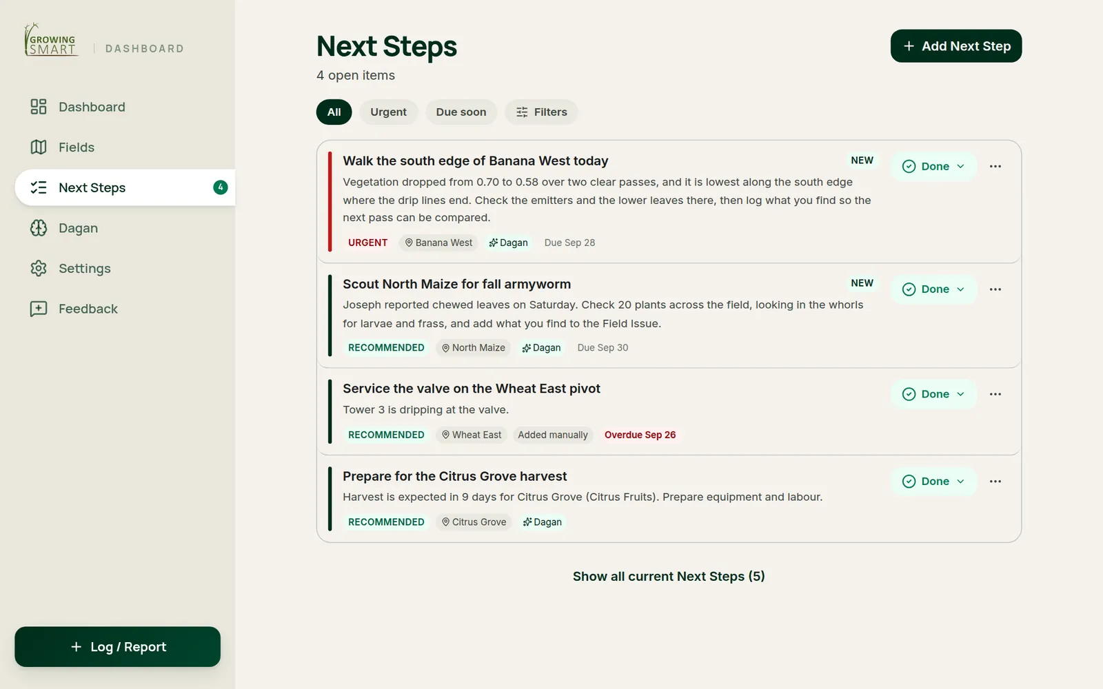 The Next Steps list: urgent and recommended items across several fields, each with its reason, due date and Mark done